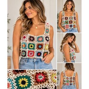 Le Lis Collection Multicolor Granny Square Crochet Crop Top Tank IWT1448 Small